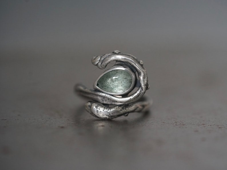 unique artisan jewelry alternative wedding Moss aquamarine and sterling silver twig ring handmade exquisite one of a kind size 6