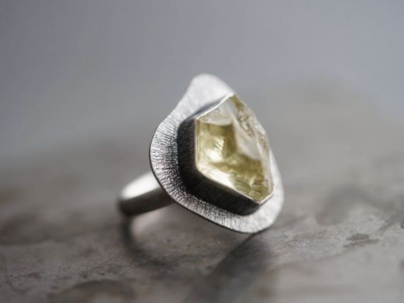 Raw Lemon Quartz Statement Ring, Size 6, Oxidized Sterling Silver