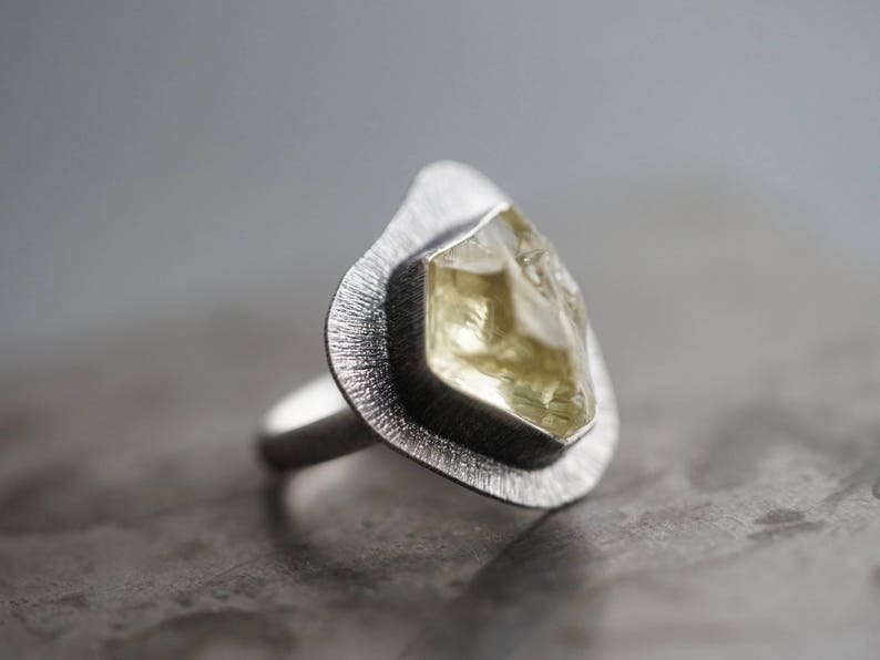 handmade ring raw crystal ring Lemon quartz statement ring size 6 organic jewellery solitaire ring unique ring sterling silver,