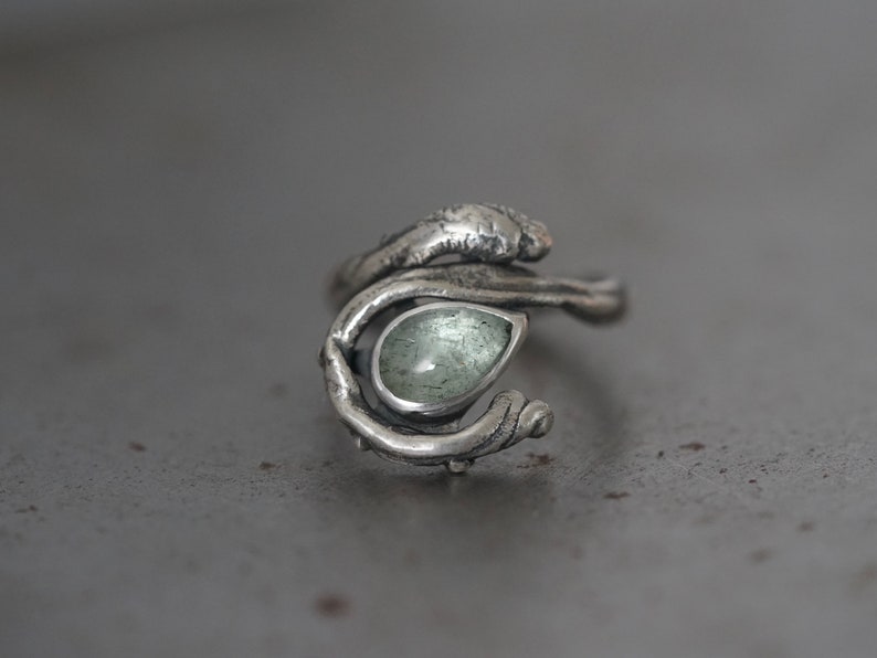 unique artisan jewelry alternative wedding Moss aquamarine and sterling silver twig ring handmade exquisite one of a kind size 6