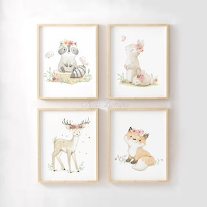 Conjunto de CUATRO Láminas para niñas "ANIMALES con corona de FLORES" Láminas de Animales, Cuadro infantil, Animales del bosque, Aida Zamora