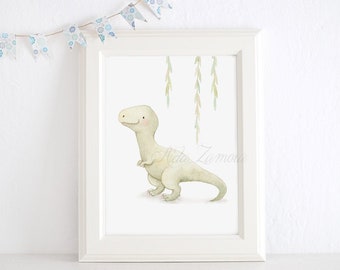 Kinderprint "T-REX DINOSAURUS" Kinderdinosaurusafbeelding, Dinosaurusprints, Aquareldinosaurussen, T-Rex schilderijen, Aida Zamora