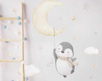Vinilo infantil de tela reposicionable de Alta Calidad, PINGÜINO con LUNA, Pegatinas de pared de Aida Zamora