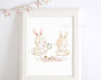 Nursery print &quot;TEA PARTY&quot; Girl Print, Nursery art, Watercolor bunny art, Picnic nursery art, Nursery wall art, Woodland art, Aida Zamora