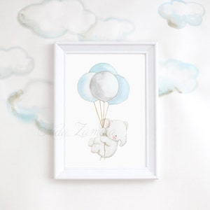 Nursery Art "ELEPHANT with BALLOONS", Kid's Balloon Art, Pastel nursery decor, Elephant nursery art, Balloons art, Balloons baby print.