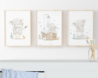 Set of three prints for bathrooms "AN ELEPHANT in my BATHROOM" Bathroom prints, boys bathroom art, Bathroom wall art, kids Bathroom decor.