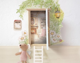 Porte en bois peinte à la main, Maison de fées, Porte de maison de poupée, Porte magique, Porte de la fée des dents, Porte avec intérieur.