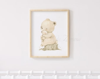 Nursery Art "Mon and baby GRIZZLY BEAR" Bears nursery print, Bears wall art, teddy bear art, Woodland animals, Teddy print, Aida Zamora