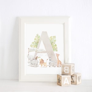 Lámina Infantil INICIAL SAFARI, Lámina con Letras, Lámina Personalizada, Lámina Infantil con nombre, Inicial con Animales, Aida Zamora.