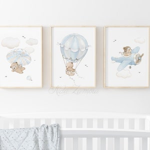 SET of three Nursery Art "BEARS in the AIR" Nursery wall art, Nursery Plane, Boy nursery prints, Hot air Balloon wall art, Watercolor bears.