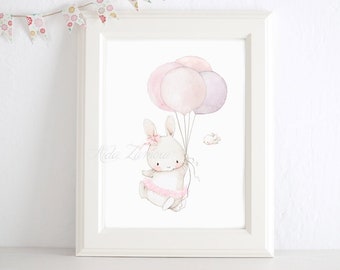 Nursery Art "BUNNY BALLERINA with BALLOONS" Art Print for girls, balloons art, Nursery ballerina art, Ballerinas prints, Baby girl wall art