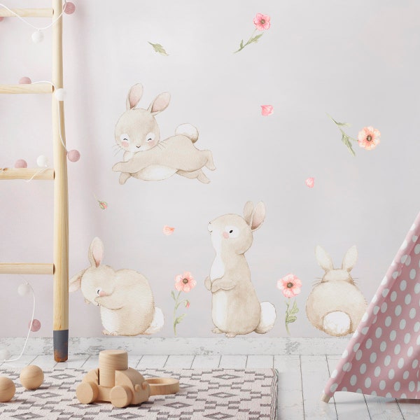 Lapins en vinyle en tissu pour enfants avec coquelicots roses, Vinyle pour filles, Vinyle de lapins, Vinyle fleuri, Vinyle pour enfants, Aida Zamora