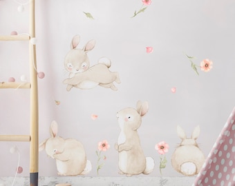 Fabric Wall Decal "BUNNIES with PINK POPPIES" Nursery wall decal, Watercolor decals, Woodland wall decal, bunnies wall decal, Aida Zamora