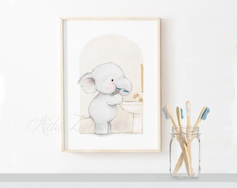 Bathroom print "BRUSH your TEETH" Watercolor print, Elephant bathroom, Bathroom wall art, Kids bathroom art, wc wall art, Baby bathroom art.