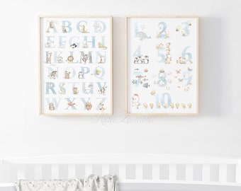Set of two ABC & Numbers wall art, SPANISH Alphabet, Animal Alphabet, Alphabet art print, Numbers print, ABC nursery art, Aida Zamora