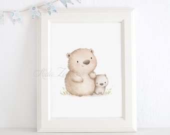 Nursery print "WOMBAT" Nursery Wall art, Wombat art, Watercolor australian animals, Mom and Baby Wombat art, Wombat nursery prints, Wombat.