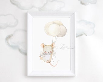 Nursery Art "MOUSE with BALLOONS" Whimsical Print, Children's wall art, Kid's Balloon Art, Mice Nursery Print, Balloons nursery art.