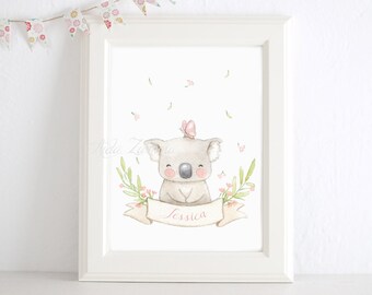 Personalized Nursery print "KOALA" Archival Print, Nursery Wall art, Koala art, Custom name, Koala and flowers art, Watercolor Koala.