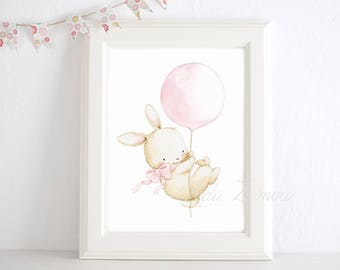 Nursery Art &quot;BUNNY with PINK BALLOON&quot; Nursery Print, Children&#39;s Illustration. Kid&#39;s Balloon Art, Girls balloon wall art, Bunny ballon print