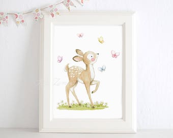 Nursery print "FAWN" Archival Print, Nursery art, Butterflies nursery art, Fawn nursery art, Woodland animals print, girls wall art.