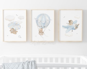 SET of three Nursery Art "BEARS in the AIR" Nursery wall art, Nursery Plane, Boy nursery prints, Hot air Balloon wall art, Watercolor bears.