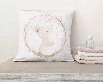 Nursery Pillow Case "BUNNY with FLOERS" Baby nursery cushion, 16 x 16 in, Decorative pillow, Bunny nursery deco, Bunny pillow, Flowers art.