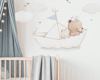 High QUALITY Fabric Wall Decal "PAPER BOAT" Nursery wall sticker, Bear wall decal, Transportation wall decal, Marine Balloon decal, Sea art