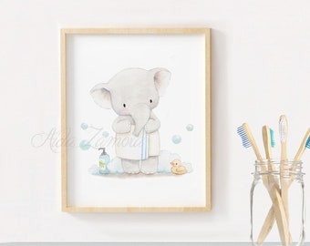 Bathroom print "ELEPHANT with TOWEL" Watercolor print, Elephant bathroom, Bathroom wall art, Kids bathroom art, wc wall art, Aida Zamora.