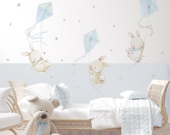 Repositionable Fabric Wall Decal "BUNNIES with KITES" Nursery wall decal, Bunny wall decal, Kites nursery art, kites decal, Aida Zamora