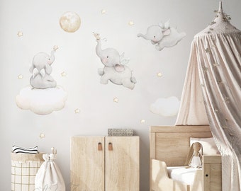 Fabric Wall Decal, FLYING ELEPHANTS, Nursery wall decal, Watercolor decals, Elephant wall decal, nursery sticker, baby elephant wall decal.