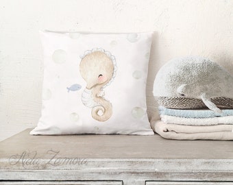 Nursery Pillow case "SEAHORSE" Baby nursery cushion, 16 x 16 in Decorative pillow, Sea nursery decor, Marine pillow, Maritime, Linnen pillow