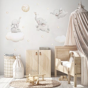 Fabric Wall Decal, FLYING ELEPHANTS, Nursery wall decal, Watercolor decals, Elephant wall decal, nursery sticker, baby elephant wall decal.