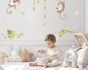 PREMIUM Fabric Wall Decal, MONKEYS, Nursery wall decal, Watercolor decal, Nursery sticker, Jungle animals wall decal, Aida Zamora
