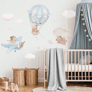 HIGH QUALITY Fabric Wall Decal &quot;BEARS in the Air&quot; Nursery wall sticker, Bears wall decal, Transportation wall decal, Hot air Balloon decal