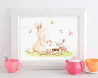 Nursery print &quot;TEA PARTY&quot; Children&#39;s Print, Nursery art, Mouse and Bunny, Woodland nursery art, whimsical kids art, Girls art, Aida Zamora.