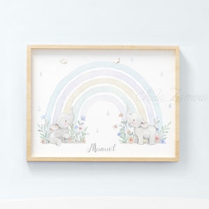 Nursery print "RAINBOW with ELEPHANTS" Rainbow Nursery art, Watercolor Rainbow, Rainbow nursery print, whimsical art, Rainbow wall art.