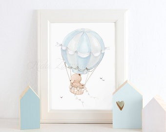 Nursery Art "BEAR on BALLOON" Art Print, Hot air balloon wall art, Nursery art for boys, Bear wall art, Teddy nursery art, Blue balloon.