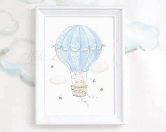 Nursery Art "BUNNY AIR BALLOON" Art Print, Illustration for kids, Nursery art for boys, Bunny wall art, Bunny nursery art, Blue balloon.