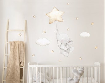 Kinderstof vinyl, OLIFANT met STER BALLON, Olifant kindervinyl, Baby vinyl, Handgeschilderd effect, Aida Zamora.