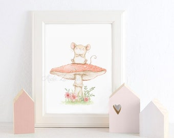 Nursery print "LITTLE MOUSE on MUSHROOM" Archival Print, Nursery wall art, mouse nursery art, mouse wall art, Woodland prints, Aida Zamora.