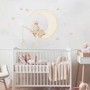 Fabric Wall Decal, BUNNY and MOON, Nursery wall decal, Watercolor decals, bunny nursery art, Bunny wall decals, Moon wall decal, Aida Zamora