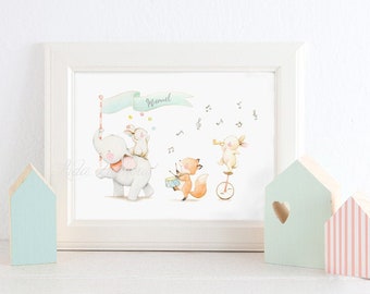 Personalized Nursery Art &quot;ANIMAL PARADE with ELEPHANT&quot; Art Print, Animal Parade wall art, Nursery wall art, Circus nursery art, Circus print