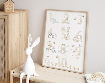 NUMBERS WALL ART, Animal Numbers, 1 to 10 Numbers, Numbers nursery print, Watercolor Numbers art, Learn numbers, Montessori, Aida Zamora