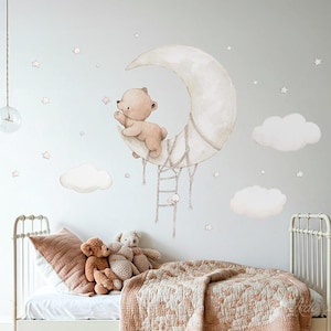 Vinile in tessuto di alta qualità per bambini, ORSO sulla LUNA, Adesivi murali di Aida Zamora, Effetto acquerello, Riposizionabili e atossici.