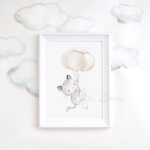 Nursery Art &quot;CAT with BALLOONS&quot; Art Print, Balloons wall art, Cat nursery art, Cats wall art, Kittens wall art, Watercolor cat, Aida Zamora