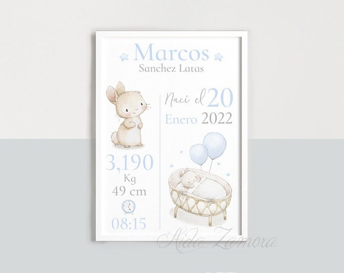Baby birth print BLUE color, Personalized nursery art, New baby gift, Christening gift, Birth Details Print, Babyshower gift, Baby boy print
