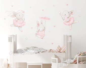 Fabric Wall Decal "BALLERINAS" Nursery wall decal, Ballet wall decal, Bunny wall decal, ballerinas decal, Pink nursery decal, Aida Zamora.