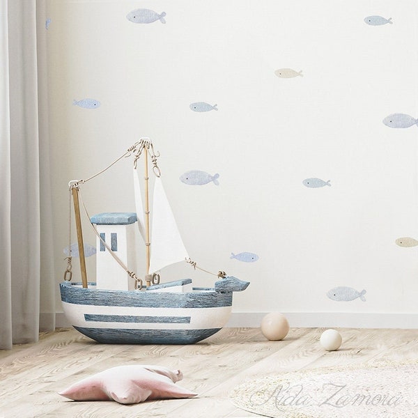 Peel and stick Wall Stickers, LITTLE FISH, Nursery wall decal, Watercolor marine decal, Maritime wall decal, Sea wall sticker, Fish decal.