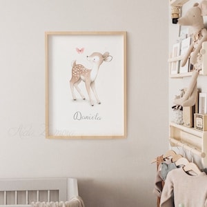 Nursery wall art &quot;BAMBI&quot; Nursery print, Custom name wall art, Watercolor Fawn, Fawn nursery art, whimsical art, Bambi nursery art, Fawn art