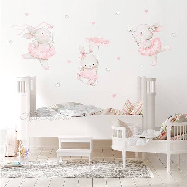 Fabric Wall Decal "BALLERINAS" Nursery wall decal, Ballet wall decal, Bunny wall decal, ballerinas decal, Pink nursery decal, Aida Zamora.